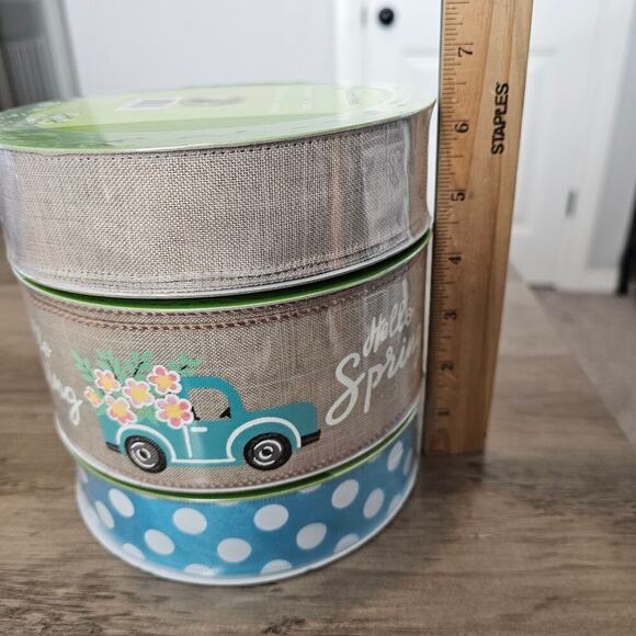 Members Mark Ribbon 50 Yards Wired Spring 1.5" 2.5" 3 Set Blue Truck Polka Dot B - Picture 4 of 7